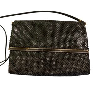 Vintage Whiting & Davis Black Metal Mesh Crossbody Bag with Gold Detailing EUC
